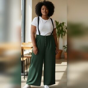 Elegant Dark Green Wide-Leg Pants 1X